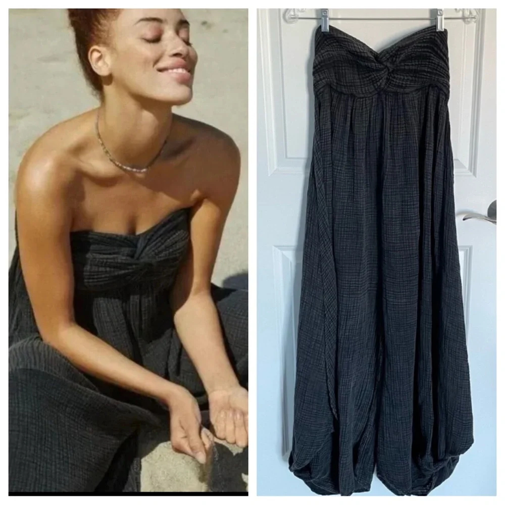 Anthropologie Black Waffle Knit Linen Beach Strapless Harem Jumpsuit - 35353 - Picture 1 of 16